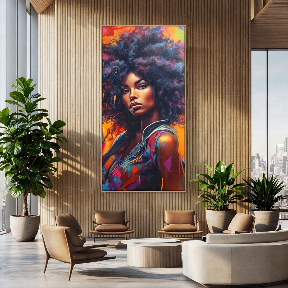 Tablou canvas cu tablou canvas cu portret urban afro, in rama de aluminiu auriu, pe perete intr-un birou